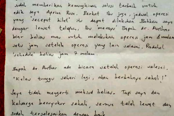 Satu Lagi, “Surat Cinta” dari Pasien untuk Petugas RSUD Arifin Achmad