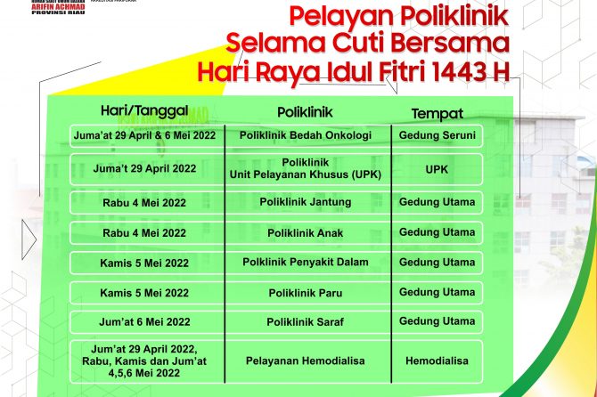 RSUD Arifin Achmad tetap buka beberapa poliklinik Rawat Jalan selama Libur Lebaran Idul Fitri 2022