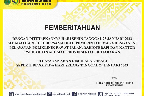 Cuti Bersama, Pelayanan Poliklinik Rawat Jalan, Radioterapi dan Kantor tanggal 23 Januari 2023 ditiadakan