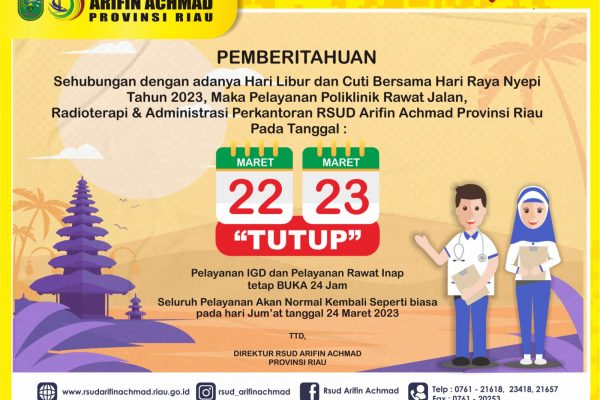 Libur Nyepi dan Cuti Bersama, berikut pelayanan RSUD Arifin Achmad Provinsi Riau yang ditiadakan