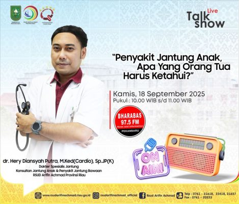 Mari ketahui tentang penyakit jantung anak bersama dr. Heri Diansyah Putra, M.Ked(Cardio) Sp.JP(K) di Radio Bharabas Pekanbaru (18-09-2025)