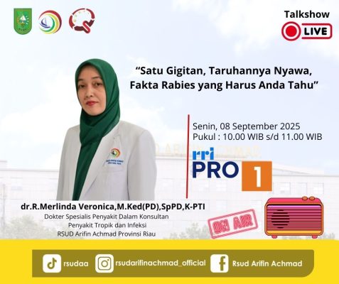 Mari dengar penyuluhan tentang Rabies bersama dr. R. Melinda Veronica, M.Ked(PD),Sp.PD,K-PTI di RRI Pro 1 99,1 FM